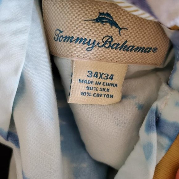 Tommy Bahama Silk navy blue white gray ivory summer dress pants 34 large striped